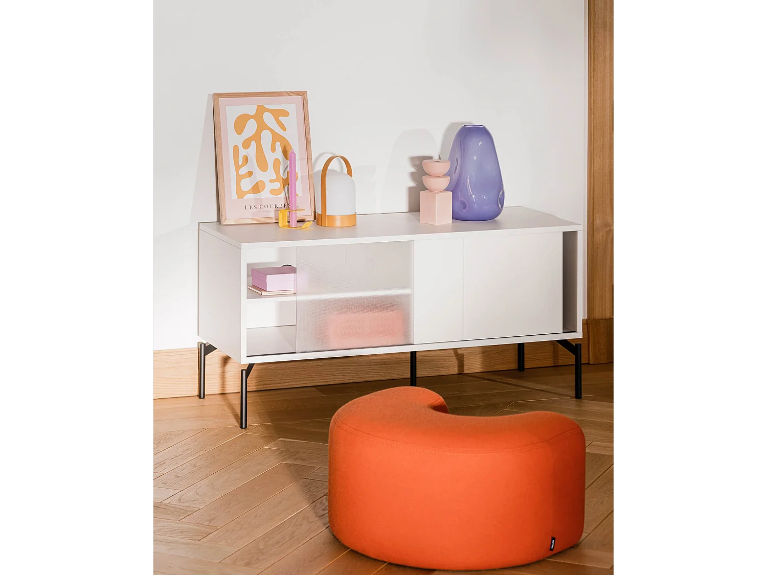 Mobile TV Met Mini nooma - design compatto moderno, vetro strutturato, ripiani divisori