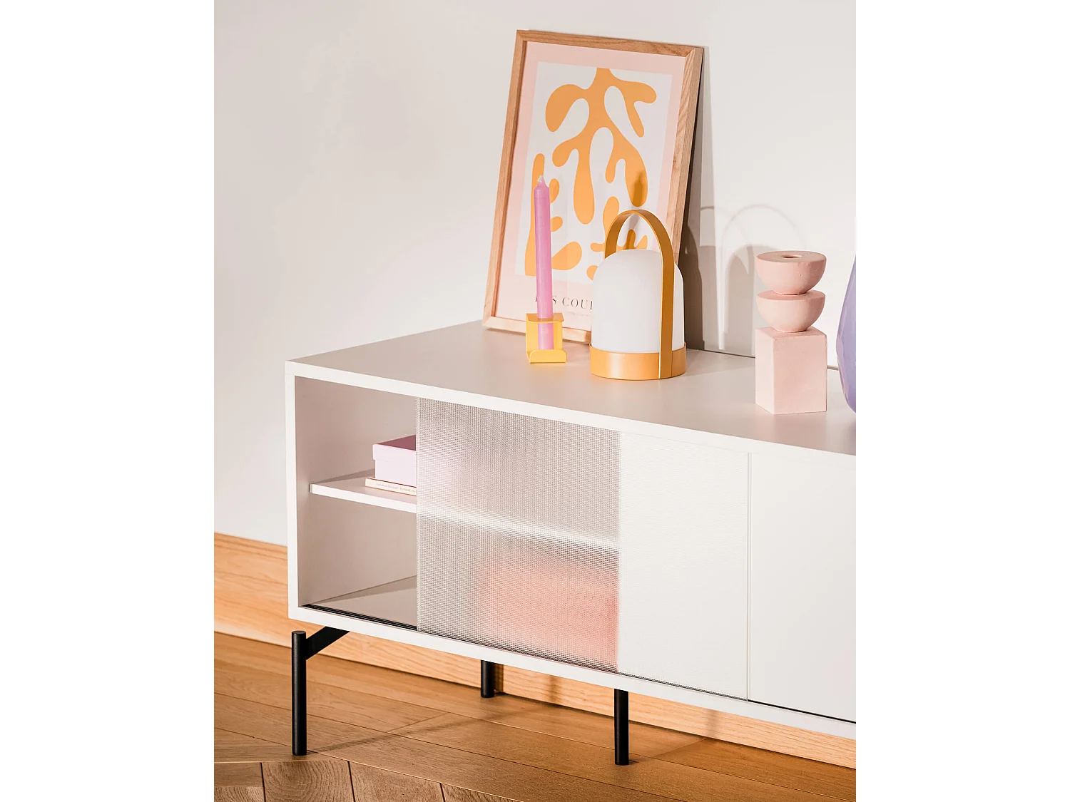 Mobile TV Met Mini nooma - design compatto moderno, vetro strutturato, ripiani divisori