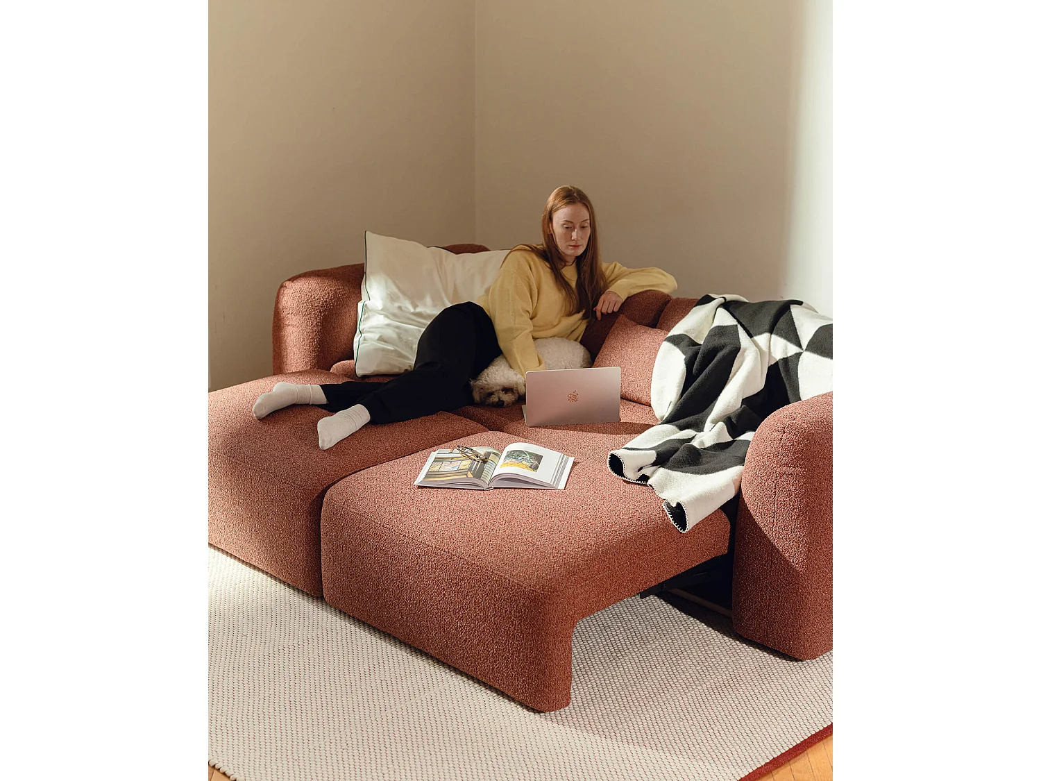 Canapé-lit Yaro 3 places - bouclé Thyme Green, mécanisme Puma, couchage 140×200 cm