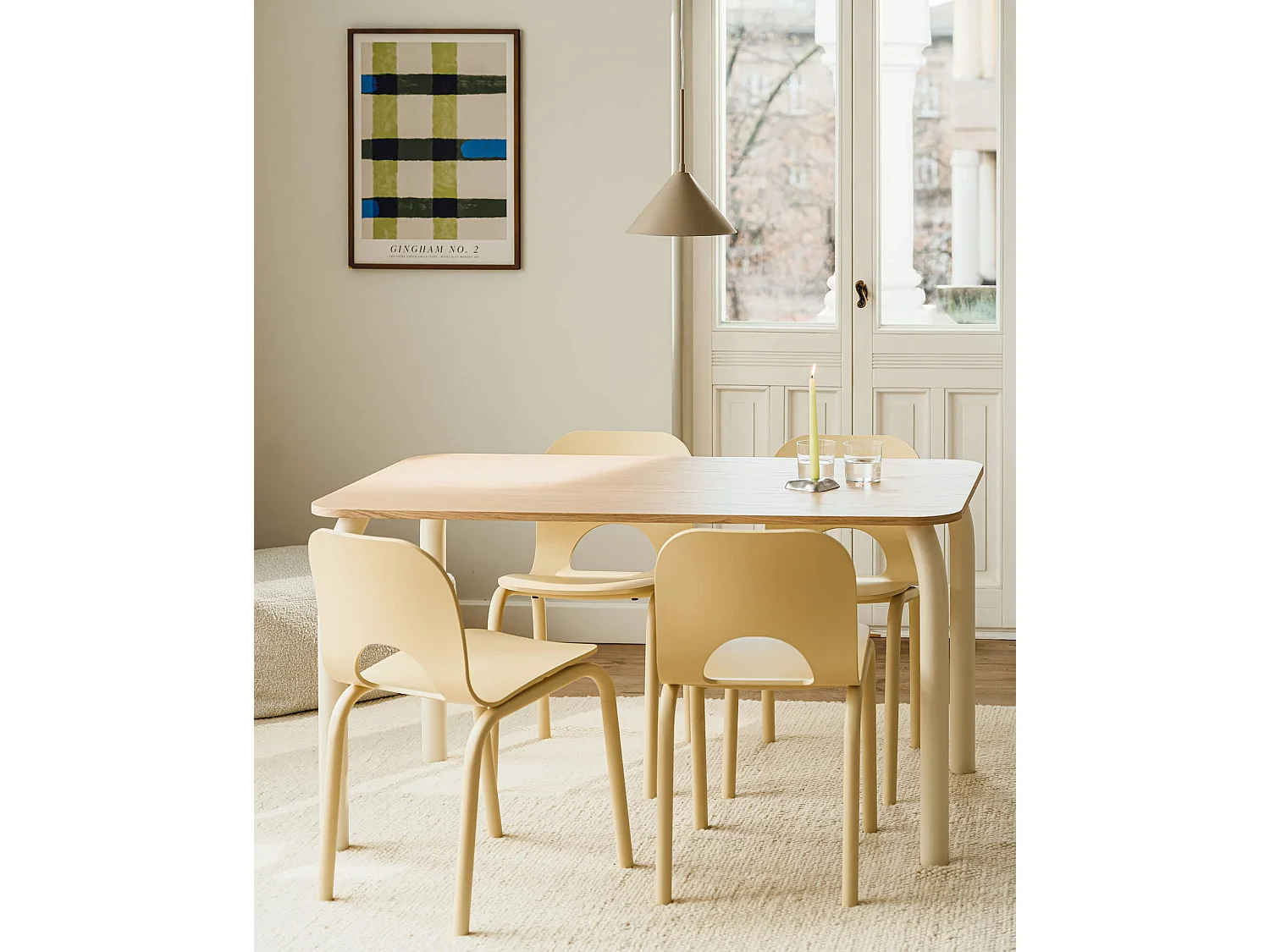 noo.ma eettafel 100x100 cm, houten vierkant, 6-zits, frosty blue en piazza beige