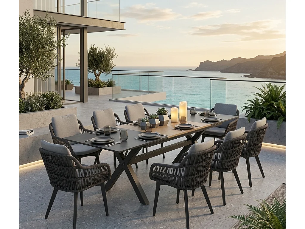 Moderner Outdoor-Tisch Tropea + 8 Graue Stühle Set - Elegante & Funktionale Aluminium-Gartenmöbel
