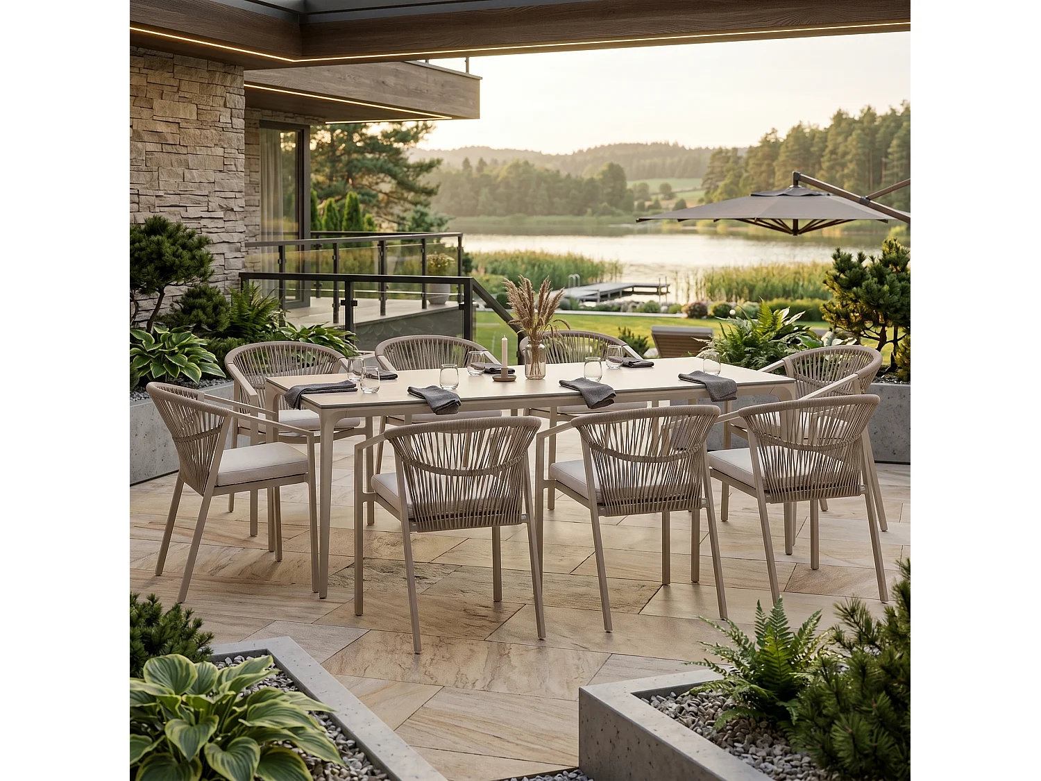 Bari Mare Gartenmöbelset - Aluminiumtisch + 8 Stühle, Beige, Modernes Design, Bequeme Sitzgelegenheiten