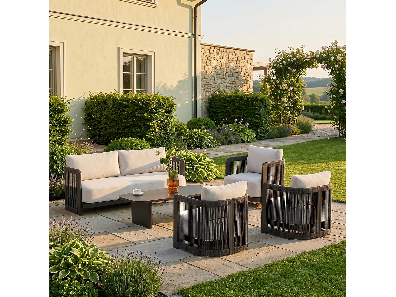 Ensemble de mobilier de jardin en aluminium Rimini : canapé, table, 2 chaises, chaise pivotante