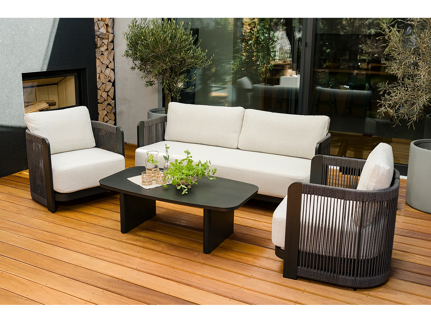 Ensemble de mobilier de jardin en aluminium Rimini : canapé, table, 2 chaises, chaise pivotante