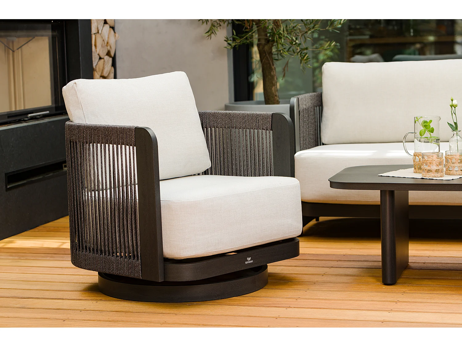 Ensemble de mobilier de jardin en aluminium Rimini : canapé, table, 2 chaises, chaise pivotante
