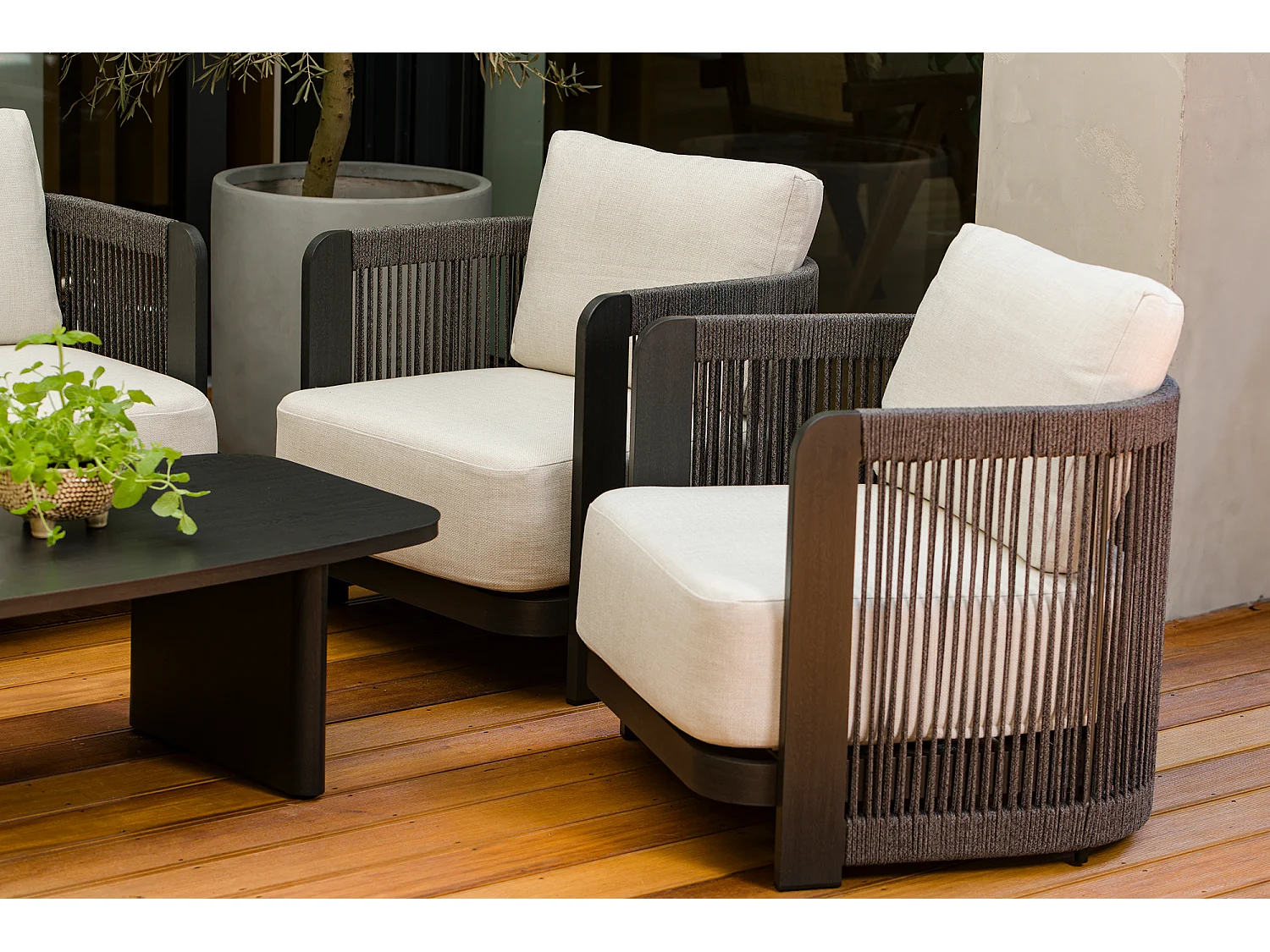 Ensemble de mobilier de jardin en aluminium Rimini : canapé, table, 2 chaises, chaise pivotante