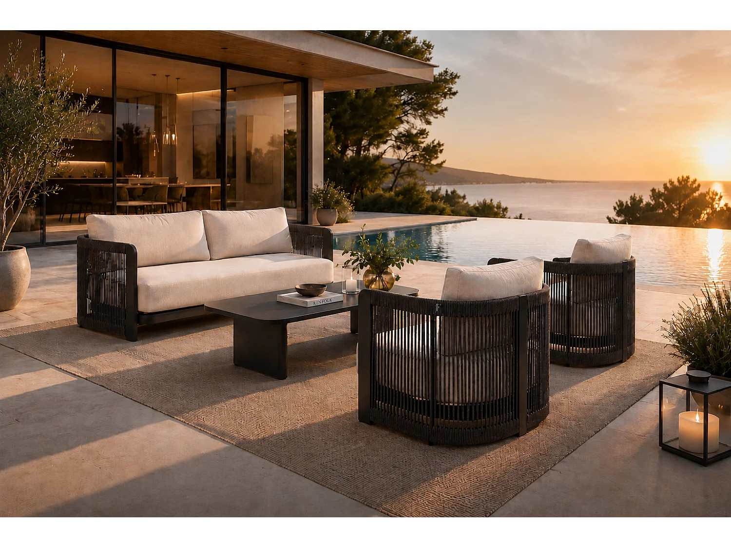 Ensemble de mobilier de jardin en aluminium Rimini : canapé, table et 2 chaises