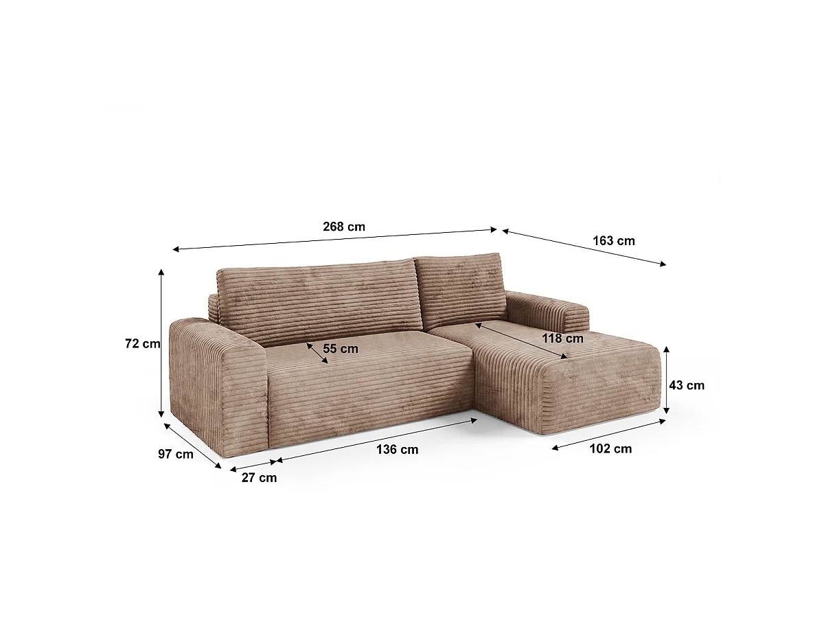 Canapé d'angle droit convertible 3 places avec coffre Romeo Marron clair