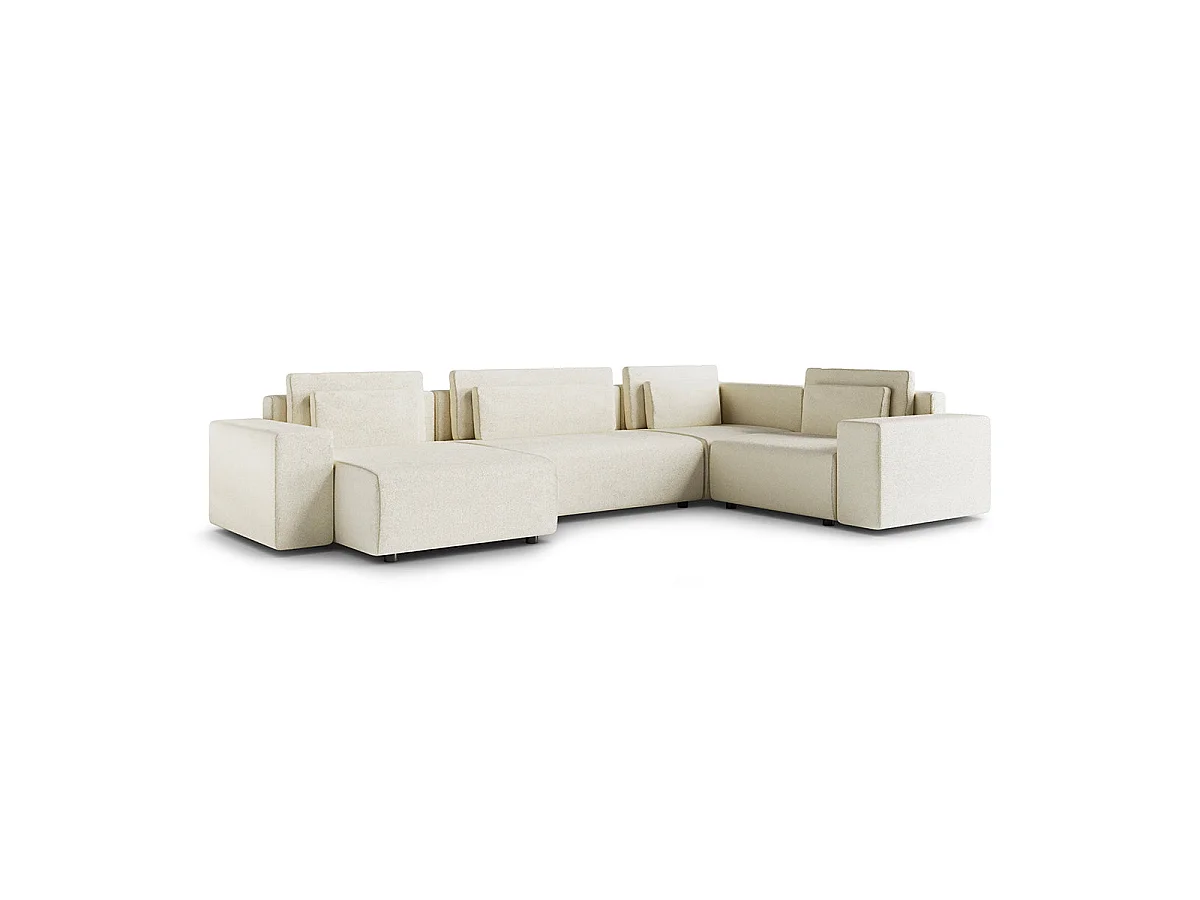 Canapé d'angle panoramique convertible 5 places avec coffre en tissu blanc LORENZO