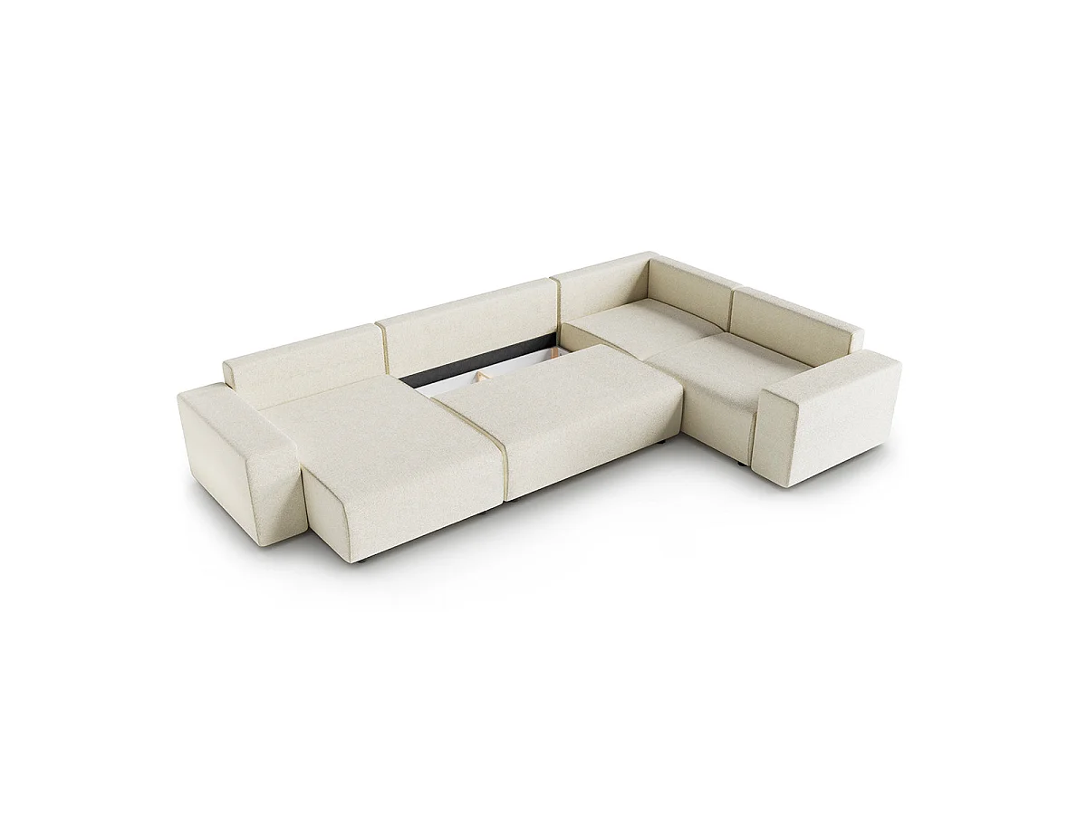 Canapé d'angle panoramique convertible 5 places avec coffre en tissu blanc LORENZO