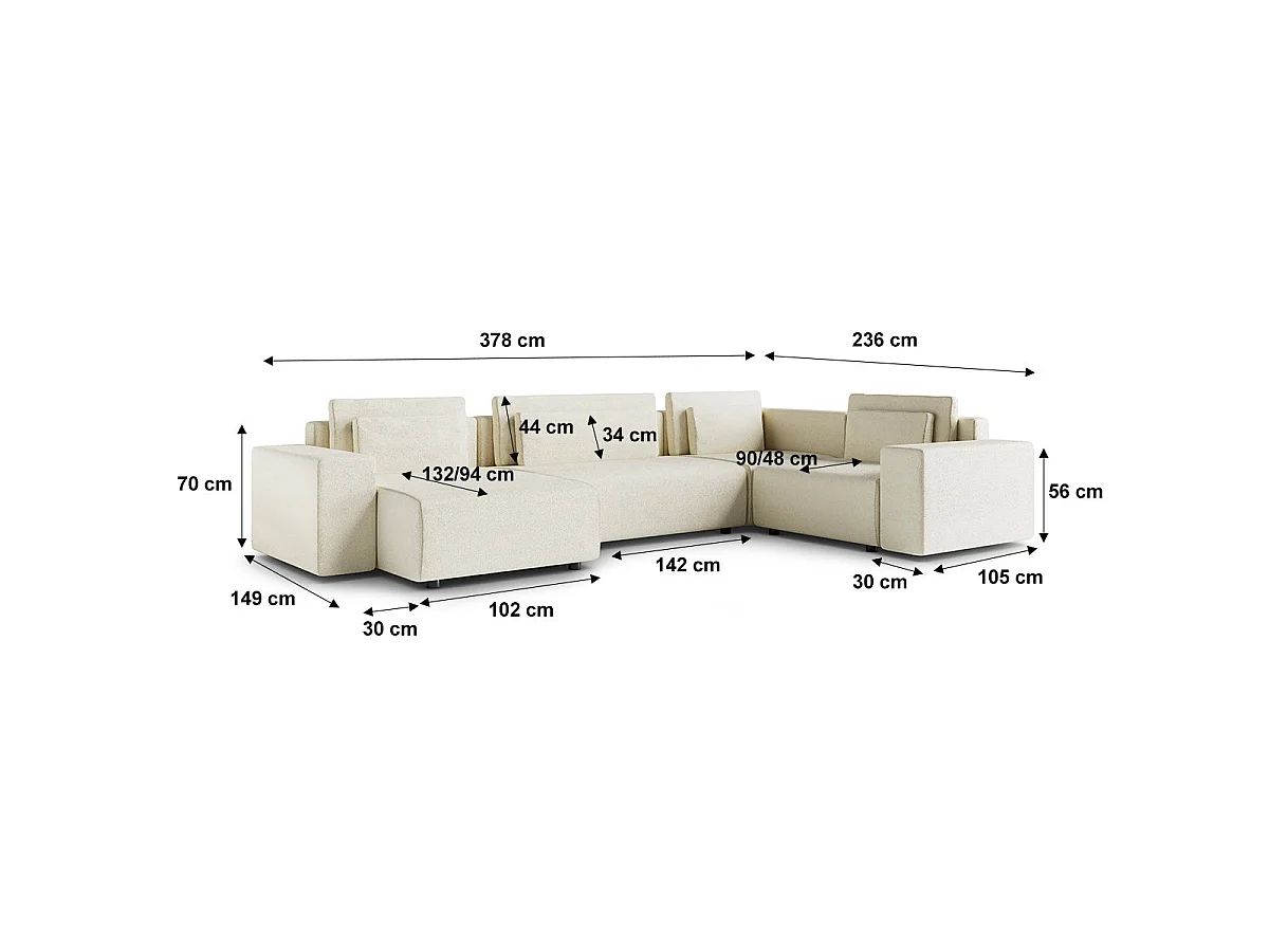 Canapé d'angle panoramique convertible 5 places avec coffre en tissu blanc LORENZO