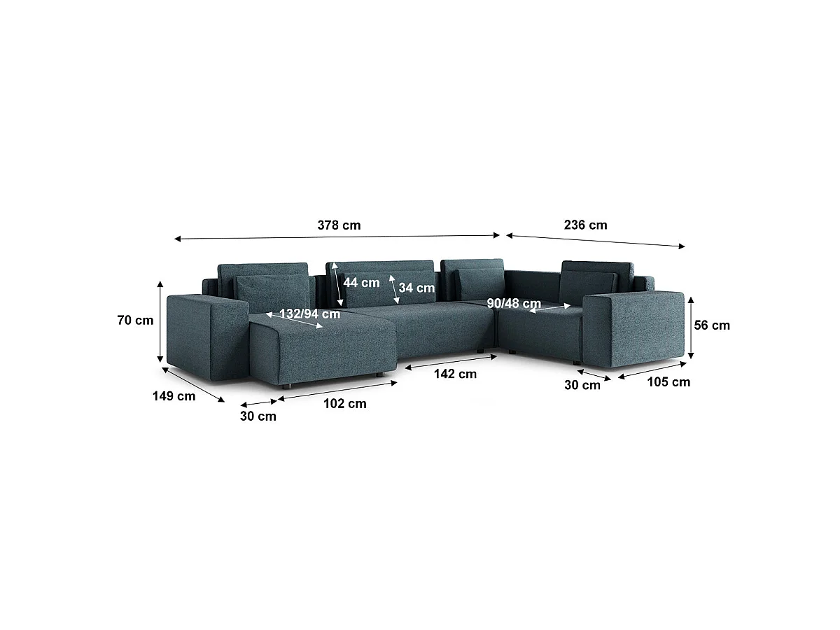 Canapé d'angle panoramique convertible 5 places avec coffre en tissu gris foncé LORENZO
