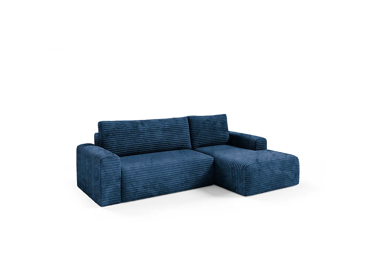 Canapé d'angle droit convertible 3 places avec coffre en tissu bleu foncé ROMEO