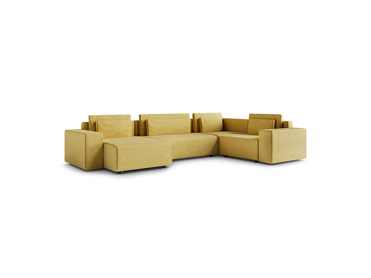 Canapé d'angle panoramique convertible 5 places avec coffre en tissu jaune LORENZO