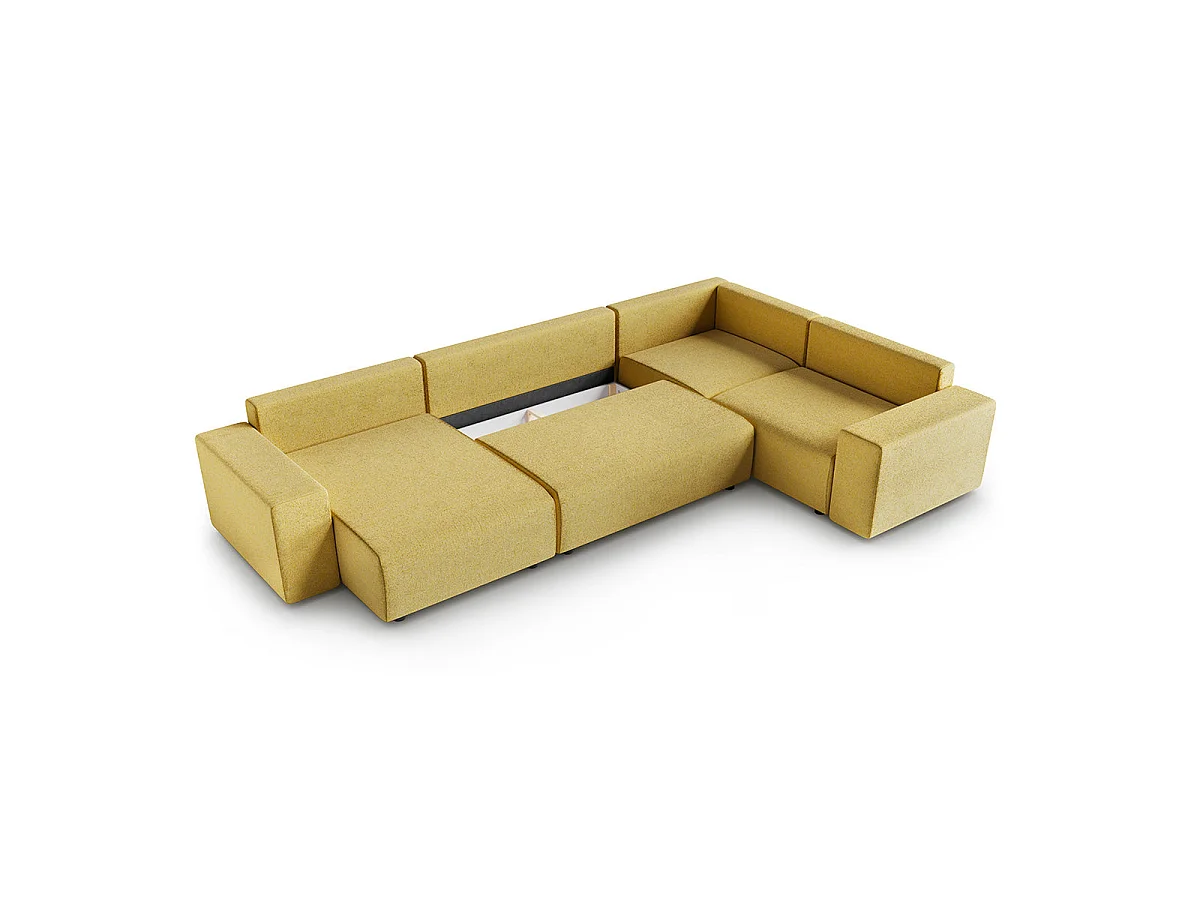Canapé d'angle panoramique convertible 5 places avec coffre en tissu jaune LORENZO