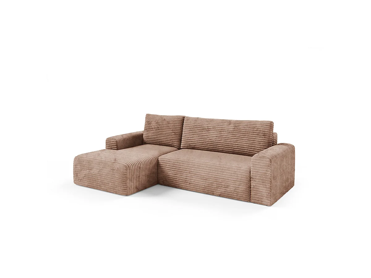 Canapé d'angle gauche convertible 3 places avec coffre en tissu marron ROMEO
