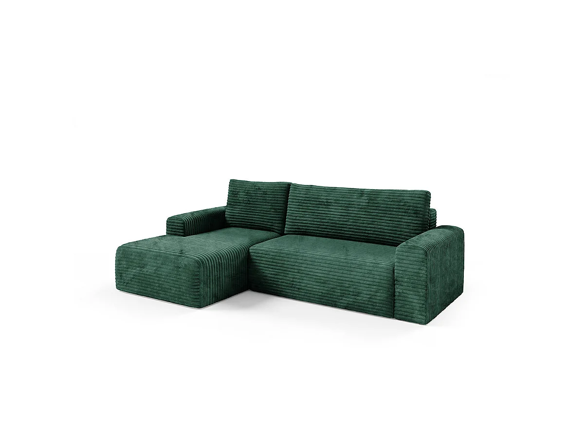Canapé d'angle gauche convertible 3 places avec coffre en tissu vert sapin ROMEO