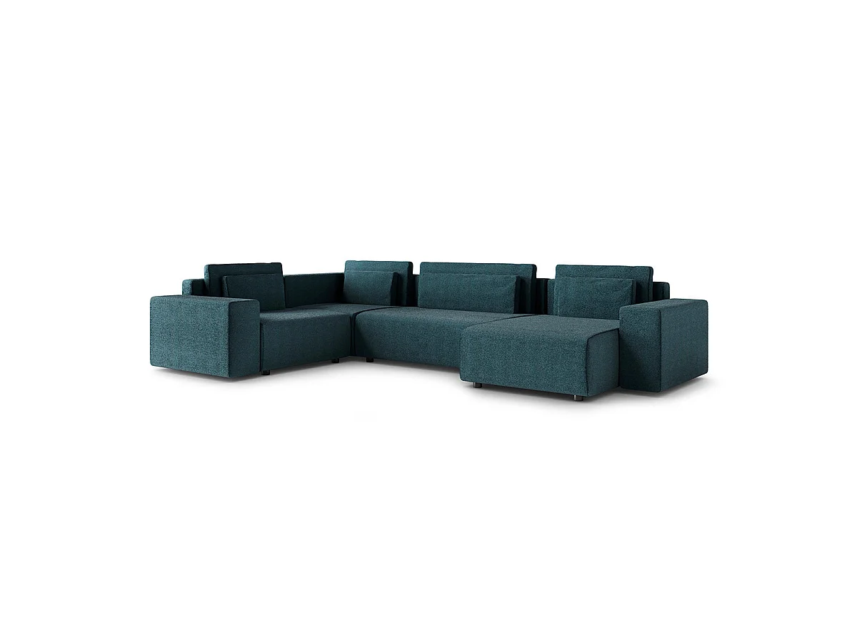 Canapé d'angle panoramique convertible 5 places avec coffre en tissu bleu LORENZO