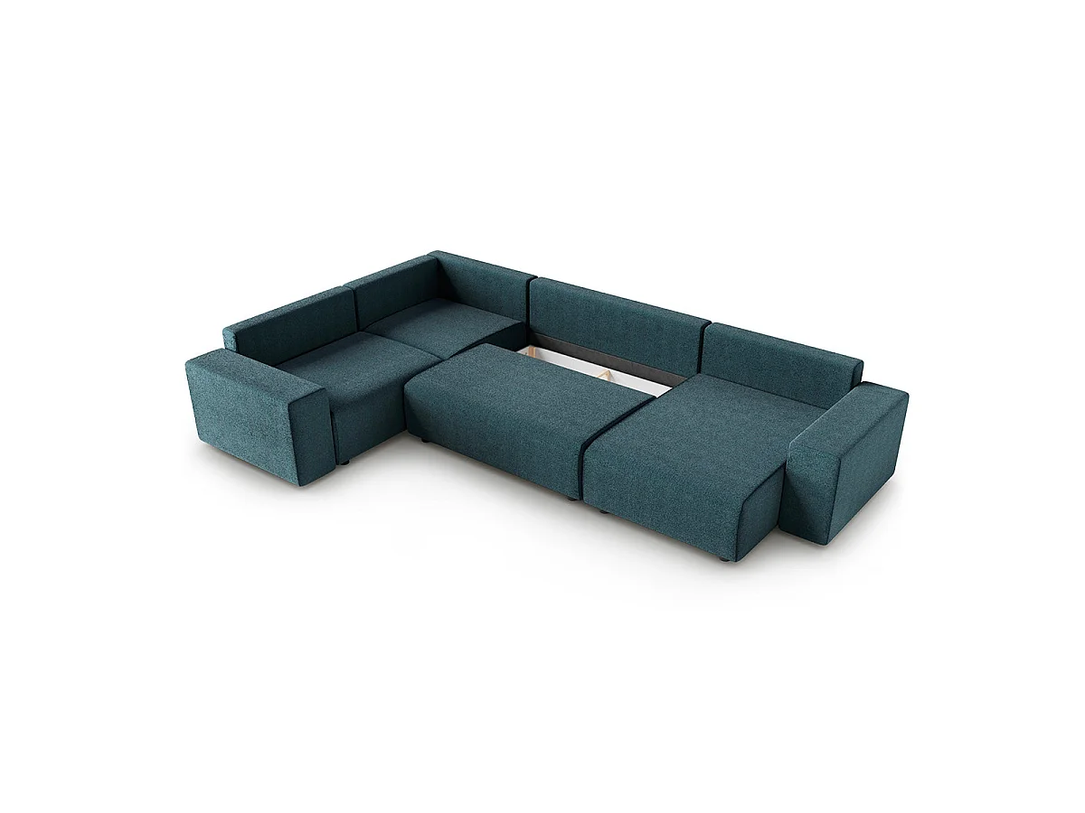 Canapé d'angle panoramique convertible 5 places avec coffre en tissu bleu LORENZO