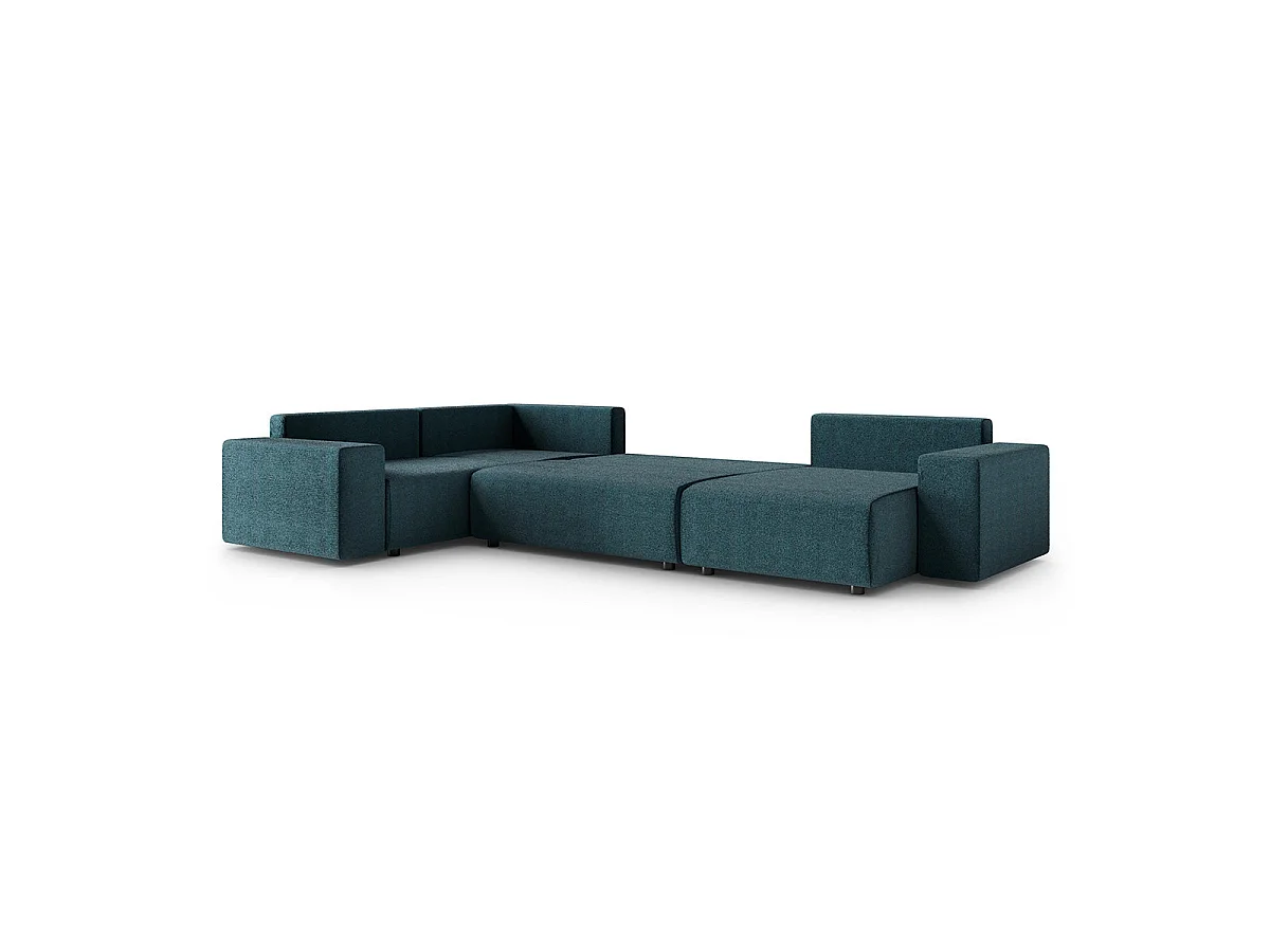 Canapé d'angle panoramique convertible 5 places avec coffre en tissu bleu LORENZO