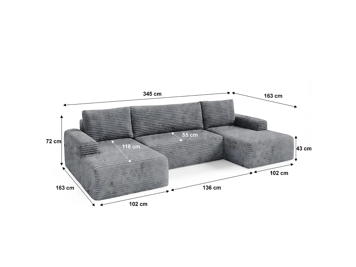 Canapé en U 5 places convertible avec coffre Romeo Gris foncé