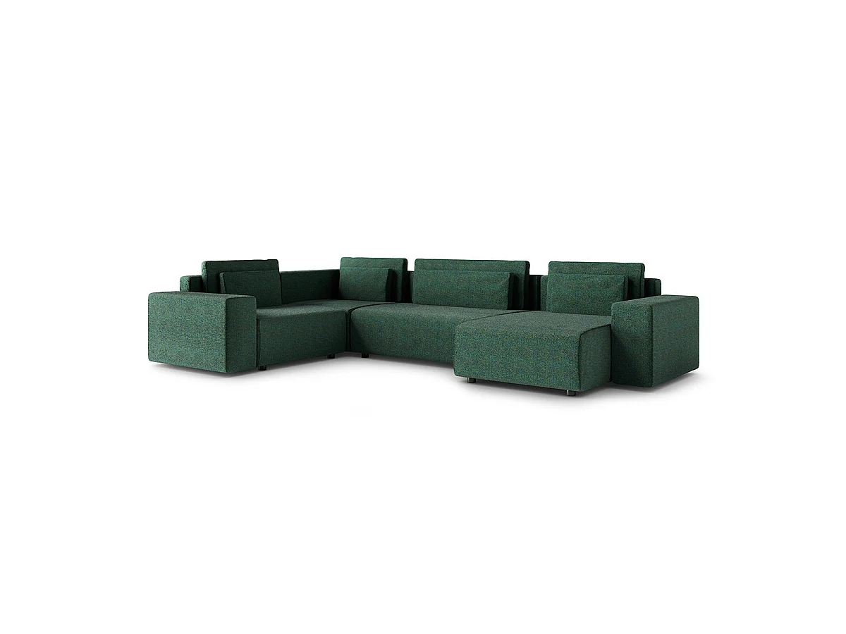 Canapé d'angle panoramique convertible 5 places avec coffre en tissu vert LORENZO
