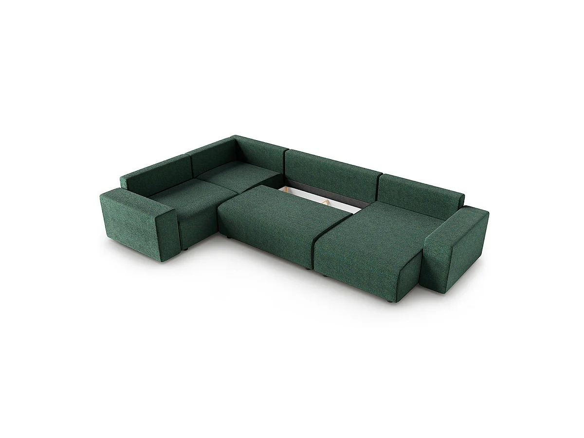 Canapé d'angle panoramique convertible 5 places avec coffre en tissu vert LORENZO
