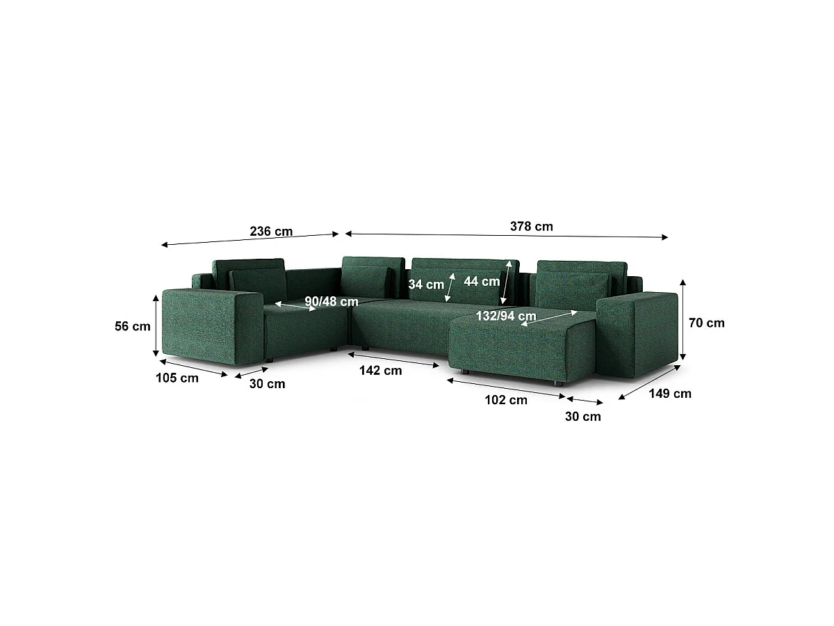 Canapé d'angle panoramique convertible 5 places avec coffre en tissu vert LORENZO