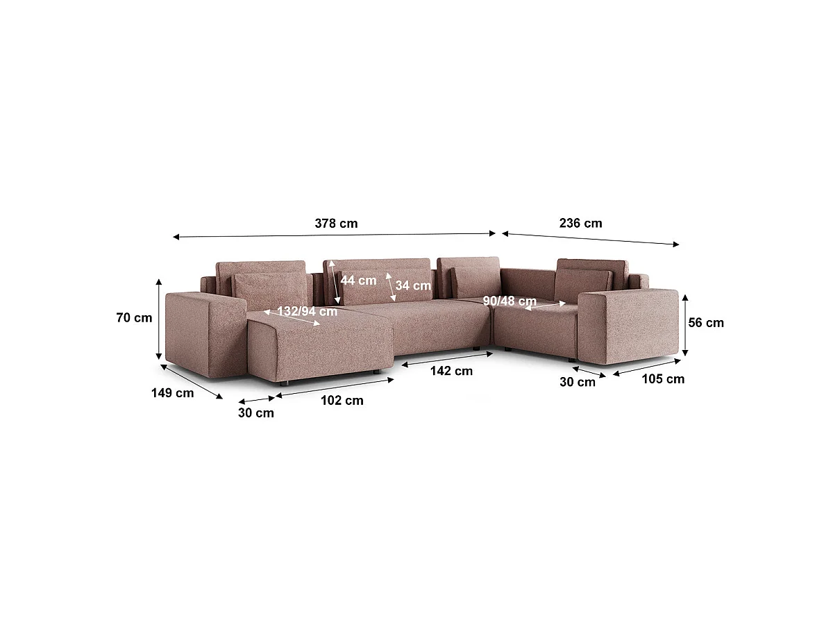 Canapé d'angle panoramique convertible 5 places avec coffre en tissu rose LORENZO