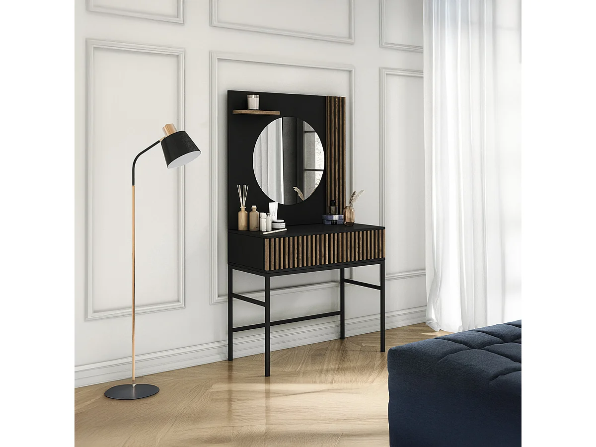 Wand-Frisiertisch 1 Schublade 1 Spiegel Melchior Schwarz und Holz