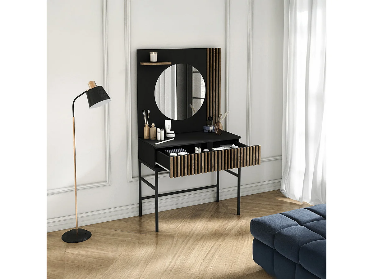 Melchior Black and Wood Wall-Mounted Vanity with 1 Drawer and 1 Mirror