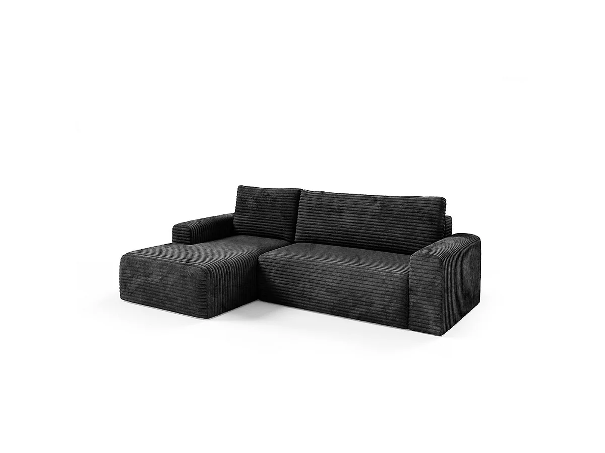 Canapé d'angle gauche convertible 3 places avec coffre en tissu noir ROMEO