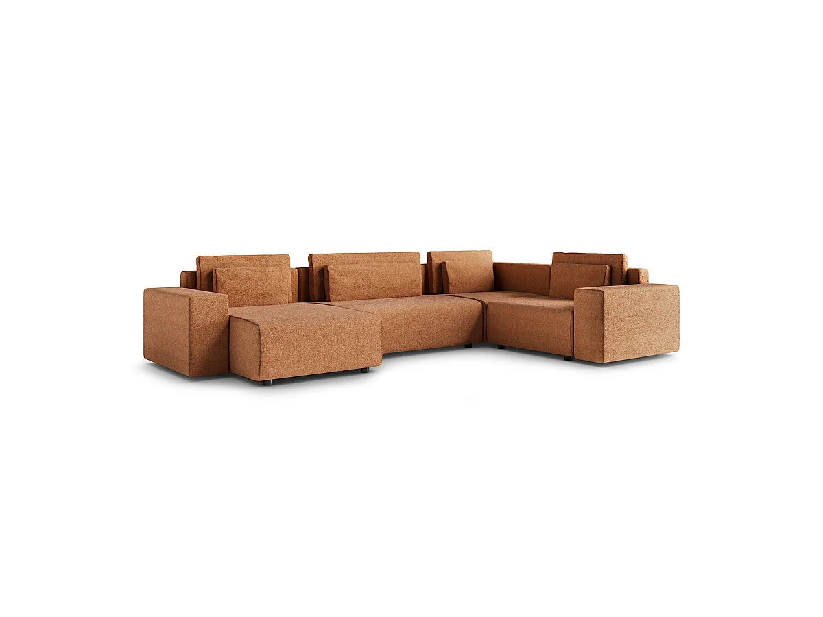 Canapé d'angle panoramique convertible 5 places avec coffre en tissu orange LORENZO