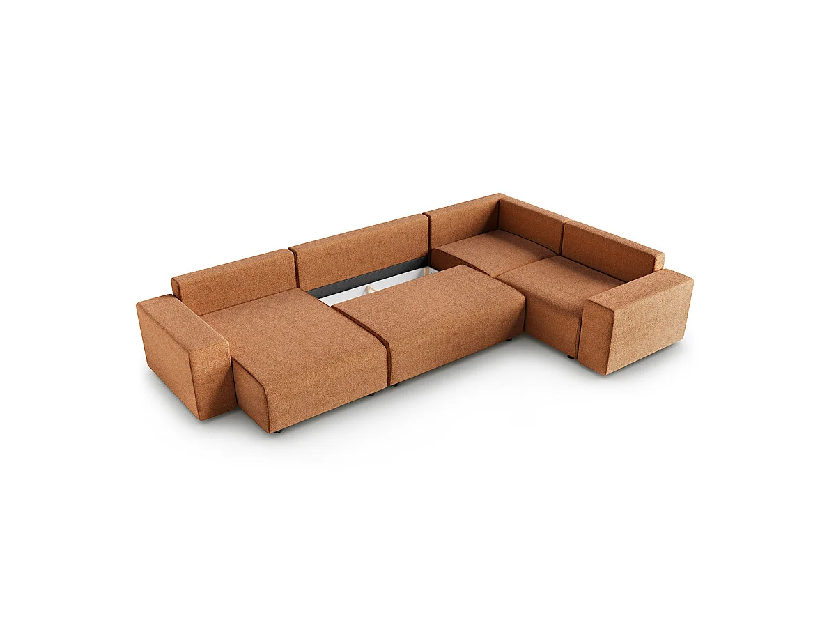 Canapé d'angle panoramique convertible 5 places avec coffre en tissu orange LORENZO