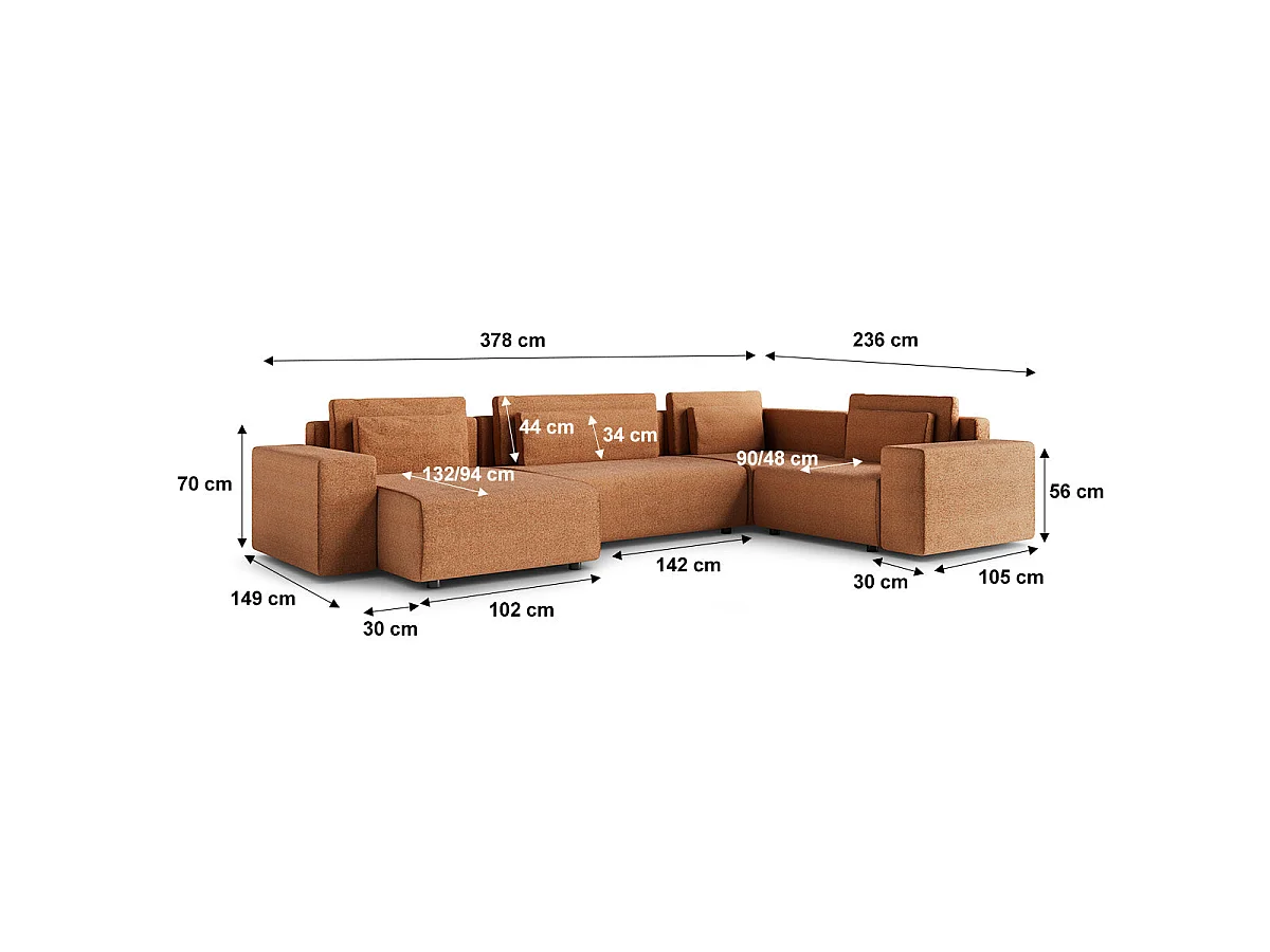 Canapé d'angle panoramique convertible 5 places avec coffre en tissu orange LORENZO