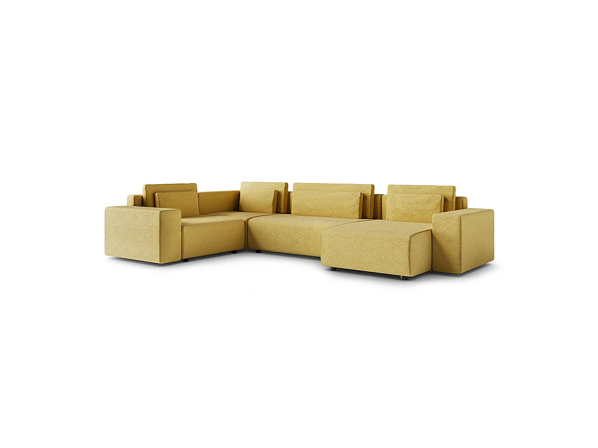 Canapé d'angle panoramique convertible 5 places avec coffre en tissu jaune LORENZO