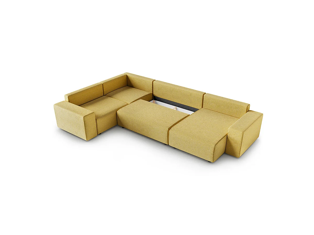 Canapé d'angle panoramique convertible 5 places avec coffre en tissu jaune LORENZO