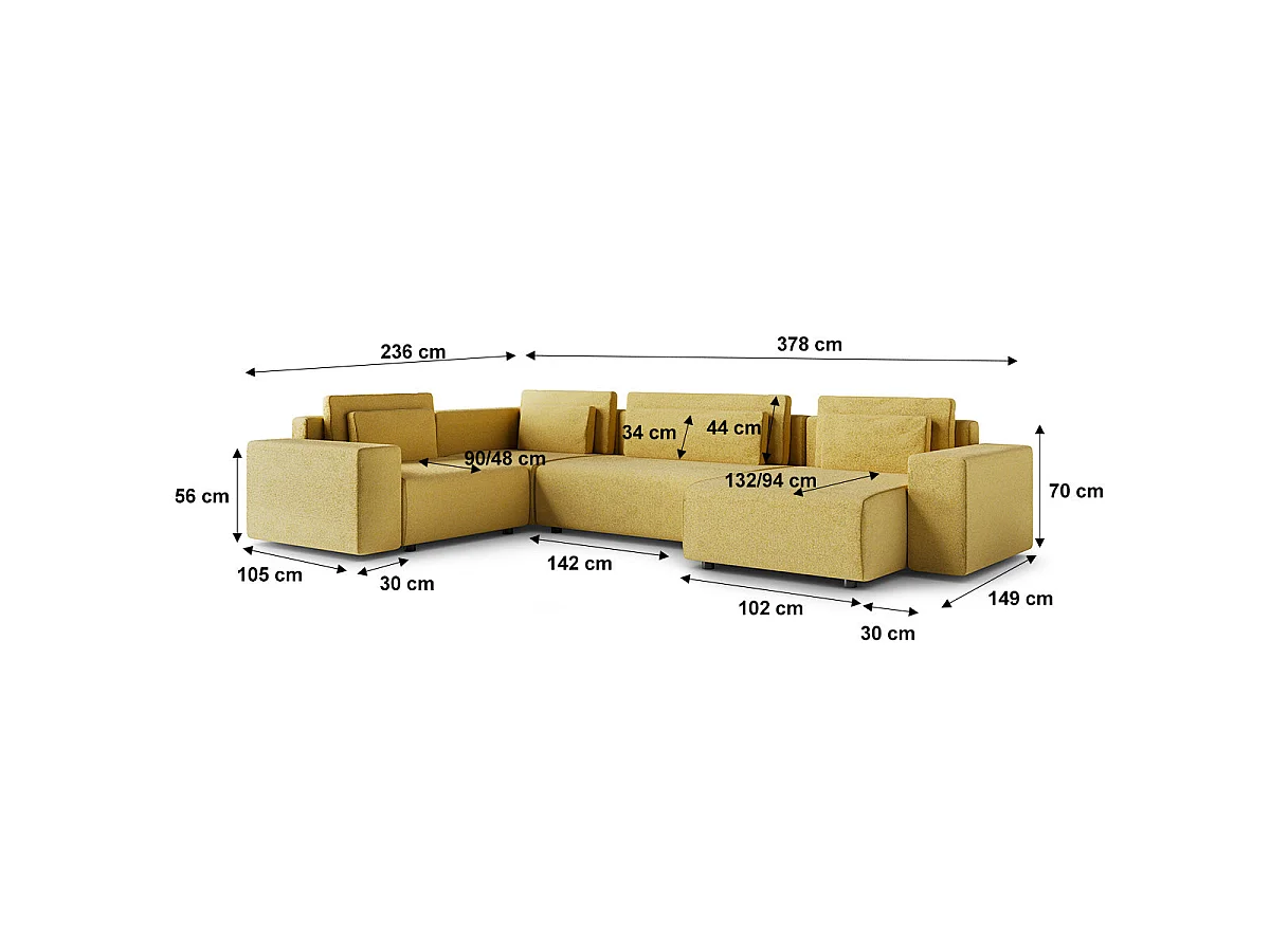 Canapé d'angle panoramique convertible 5 places avec coffre en tissu jaune LORENZO