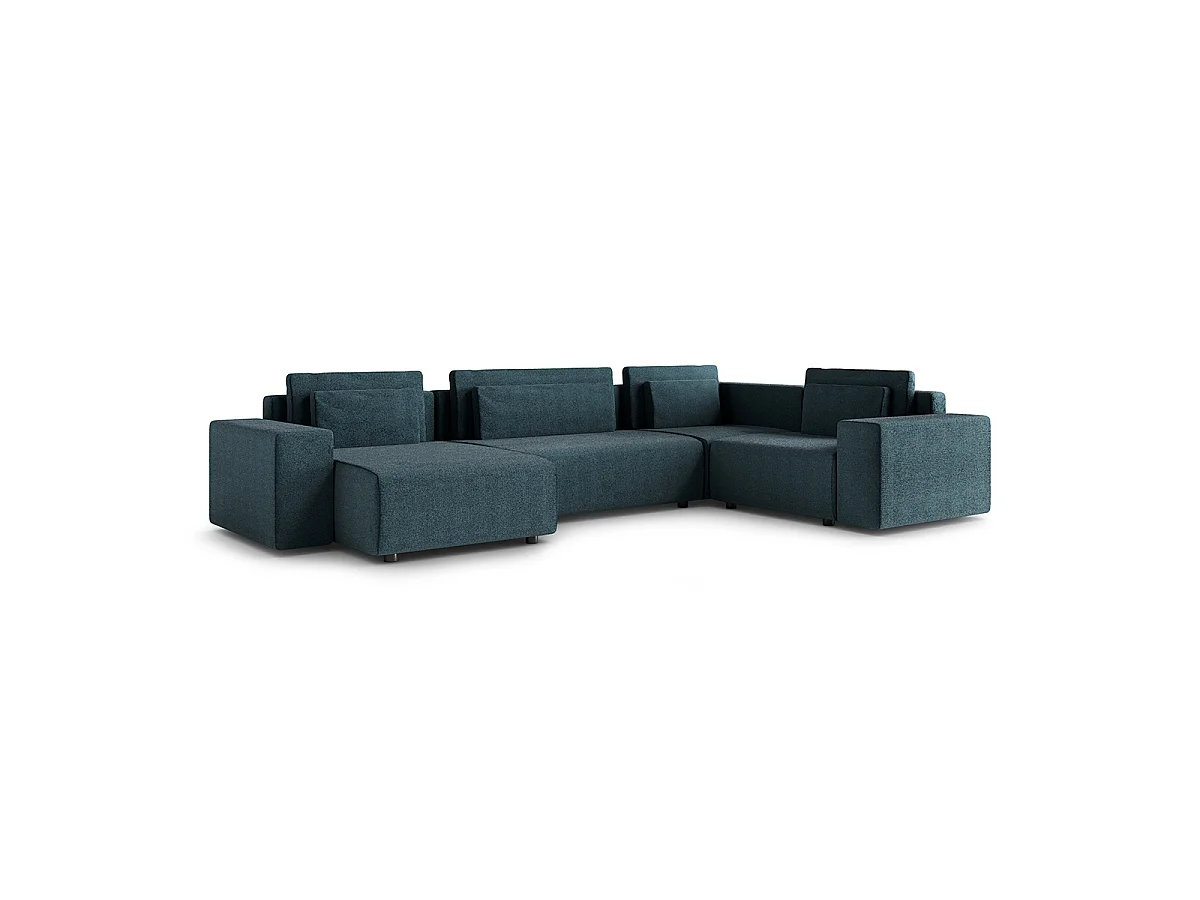 Canapé en U 5 places angle droit convertible avec coffre Lorenzo Bleu