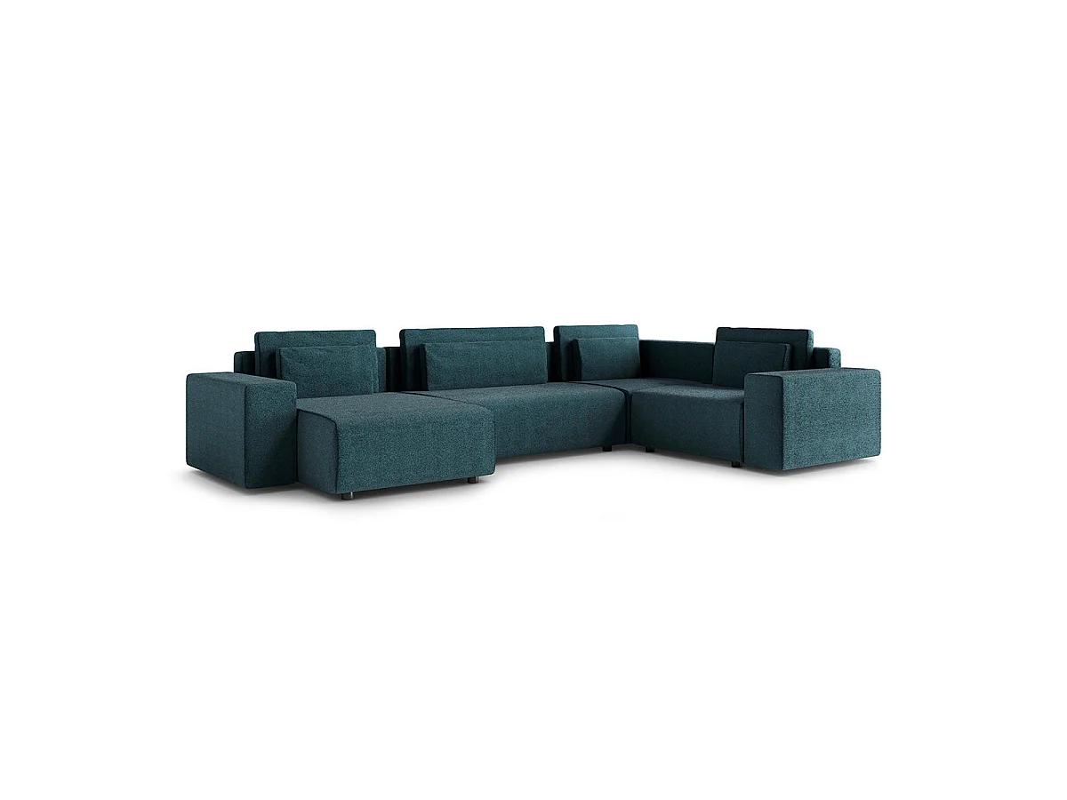 Canapé d'angle panoramique convertible 5 places avec coffre en tissu bleu LORENZO