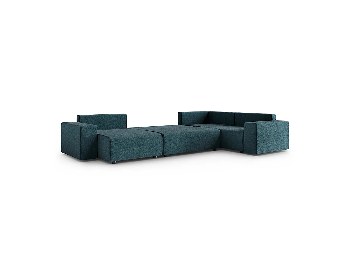 Canapé d'angle panoramique convertible 5 places avec coffre en tissu bleu LORENZO