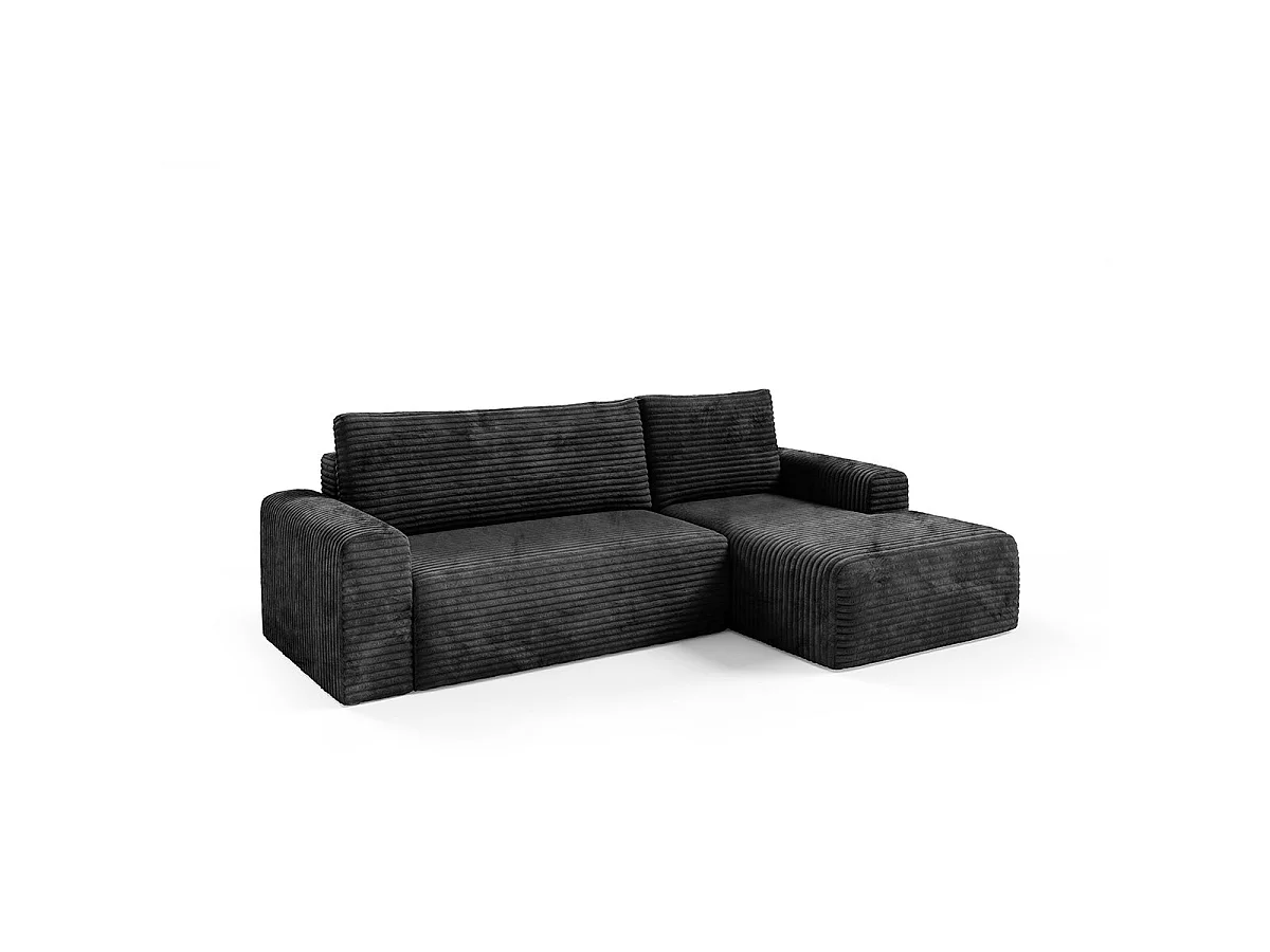 Canapé d'angle droit convertible 3 places avec coffre en tissu noir ROMEO