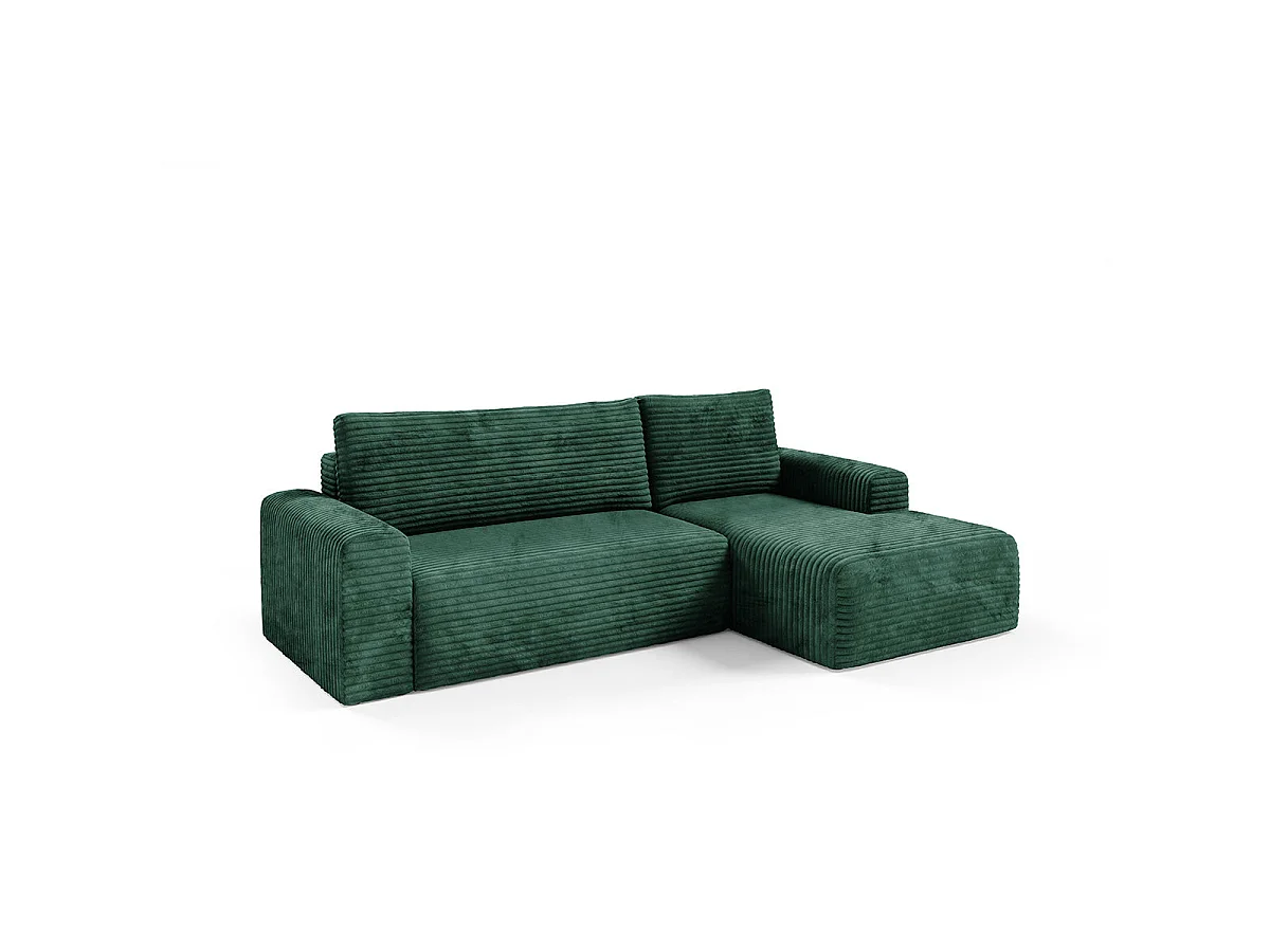 Canapé d'angle droit convertible 3 places avec coffre en tissu vert sapin ROMEO