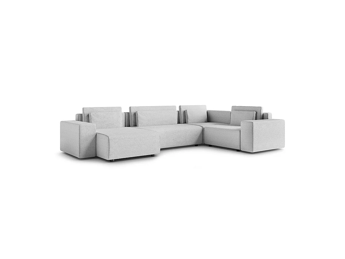 Canapé d'angle panoramique convertible 5 places avec coffre en tissu gris clair LORENZO