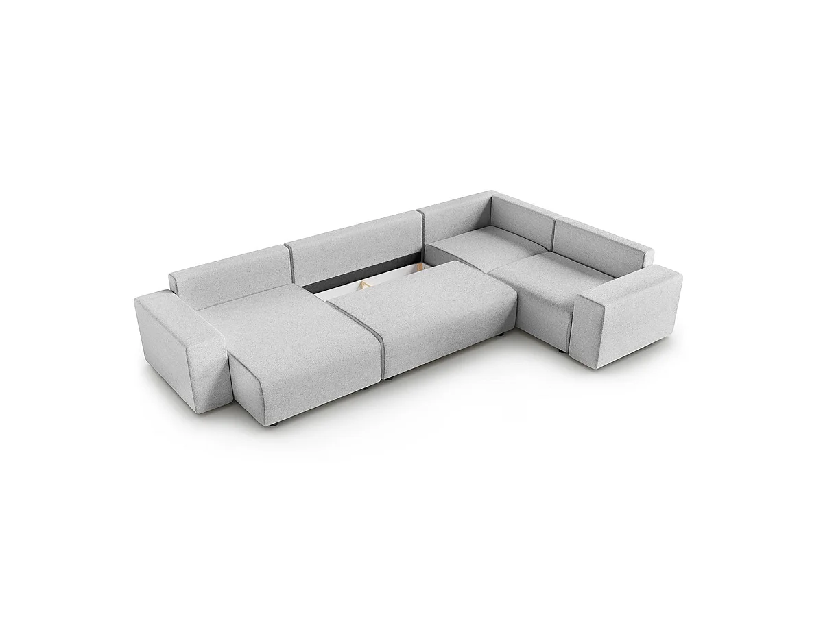 Canapé d'angle panoramique convertible 5 places avec coffre en tissu gris clair LORENZO