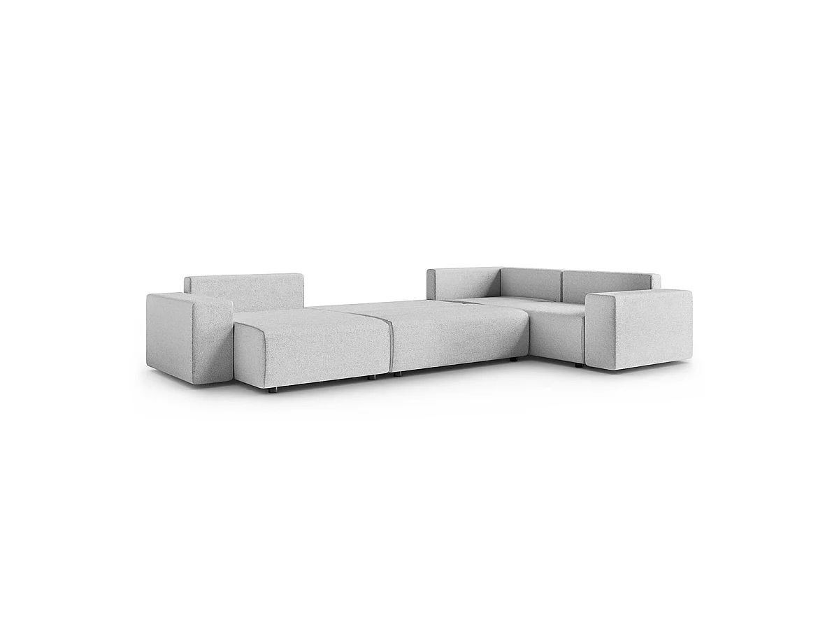 Canapé d'angle panoramique convertible 5 places avec coffre en tissu gris clair LORENZO