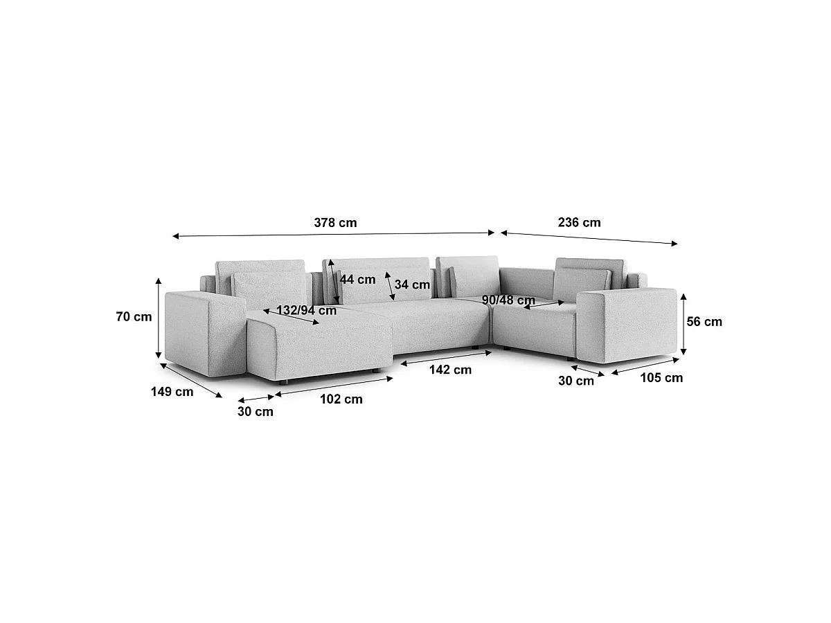 Canapé d'angle panoramique convertible 5 places avec coffre en tissu gris clair LORENZO