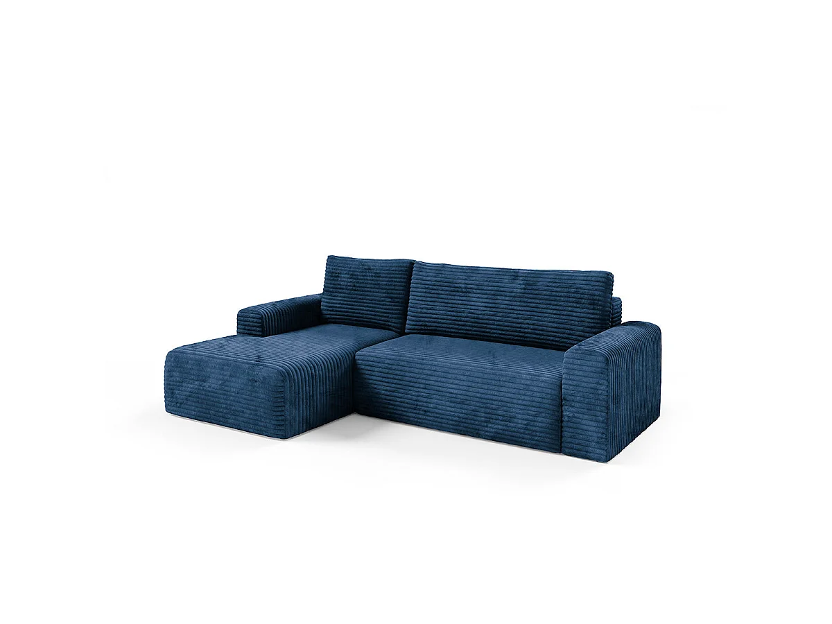 Canapé d'angle gauche convertible 3 places avec coffre en tissu bleu foncé ROMEO