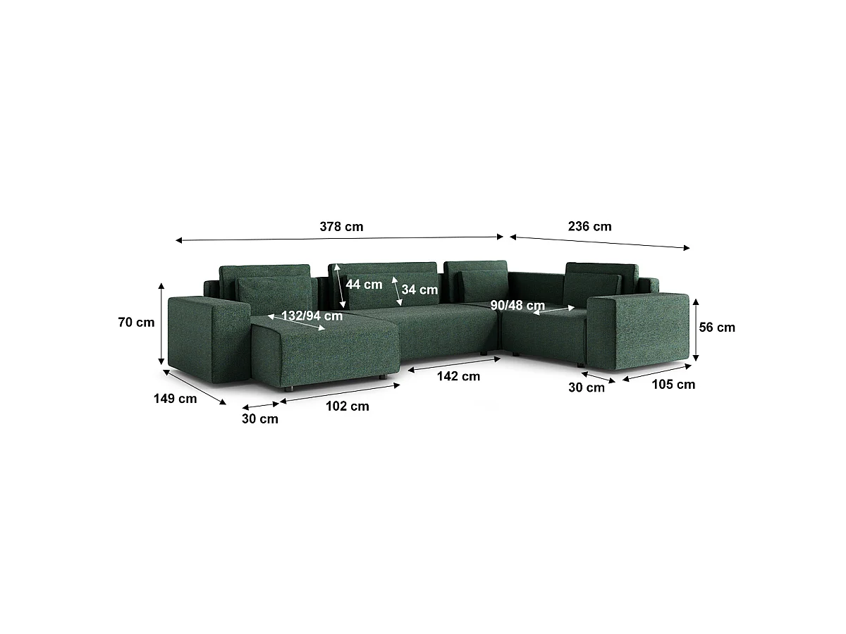 Canapé en U 5 places angle droit convertible avec coffre Lorenzo Vert