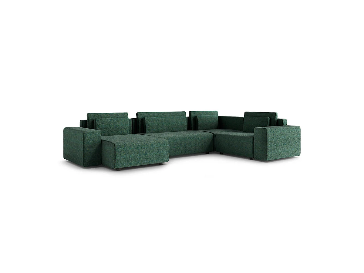Canapé d'angle panoramique convertible 5 places avec coffre en tissu vert LORENZO